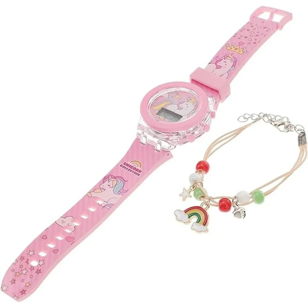 Watch Girls Unicorn‎  Pink 3D Glow Silicone Watch and Rainbow Beads